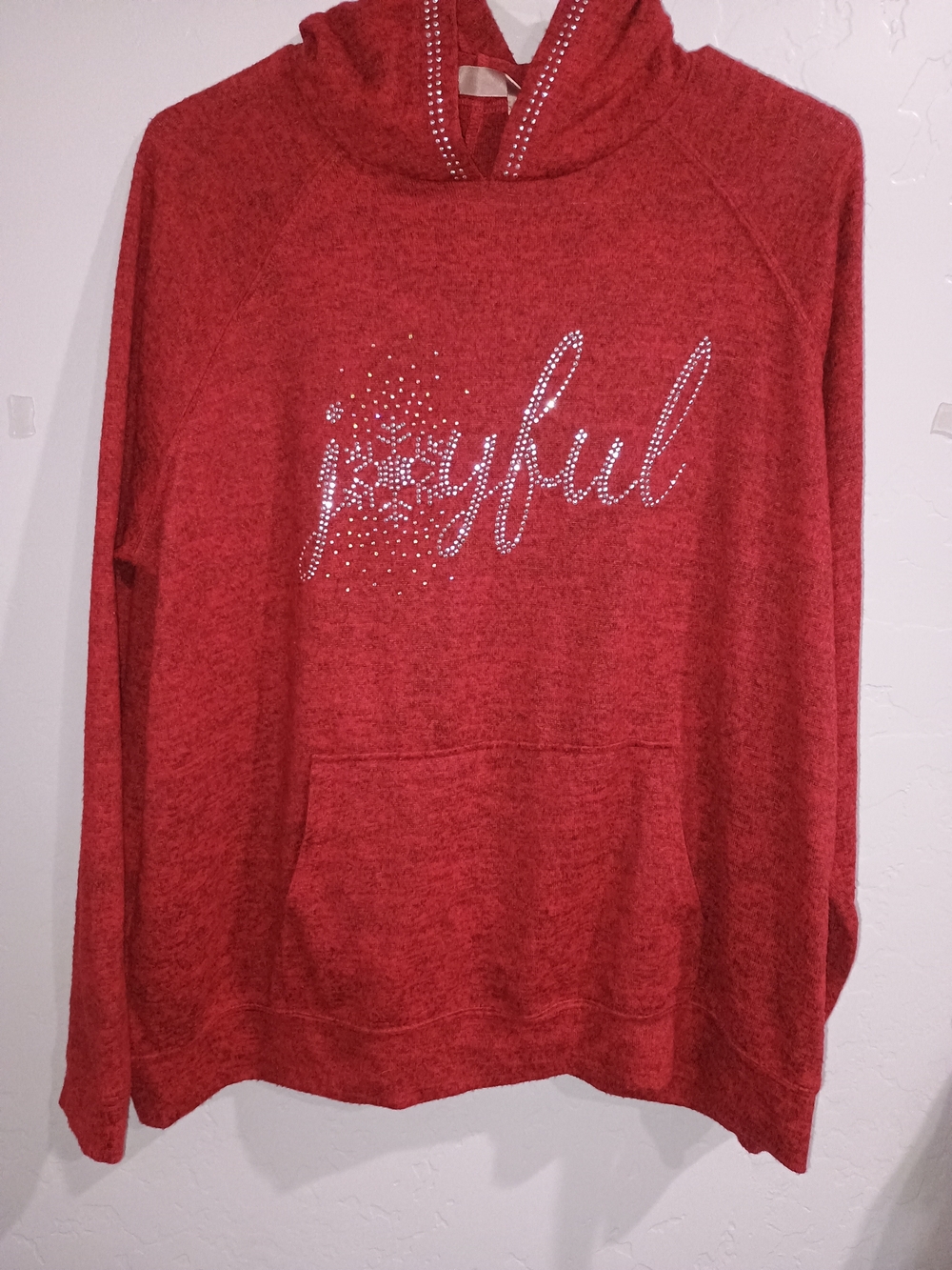 SJS Red Women's Hoodie with Rhinestone 'joyful' Script